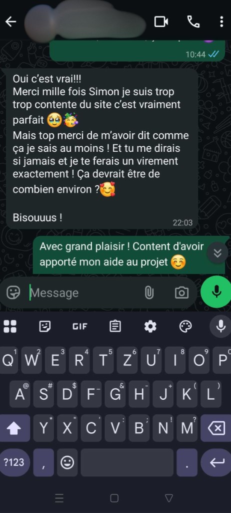 Message WhatsApp d'un client après la livraison de son site