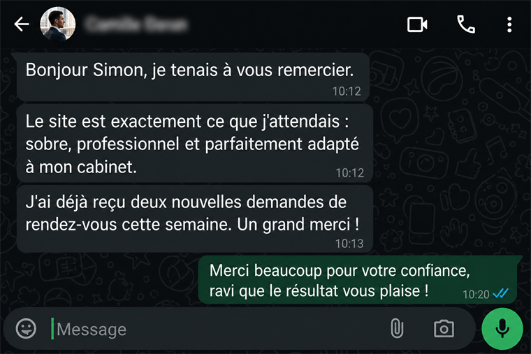 Message WhatsApp d'un client professionnel satisfait de son site