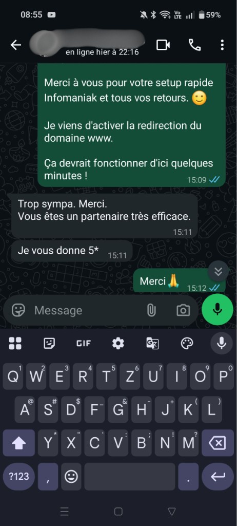 Message WhatsApp — « Vous êtes un partenaire très efficace » (Helvetik Signature)