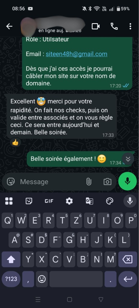 Message WhatsApp — « Merci pour votre rapidité »
