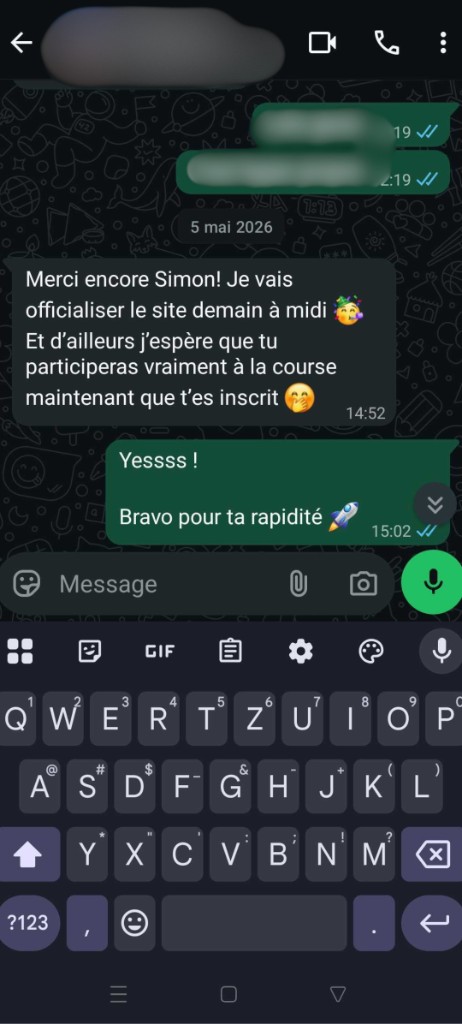 Message WhatsApp d'une cliente ravie de son nouveau site