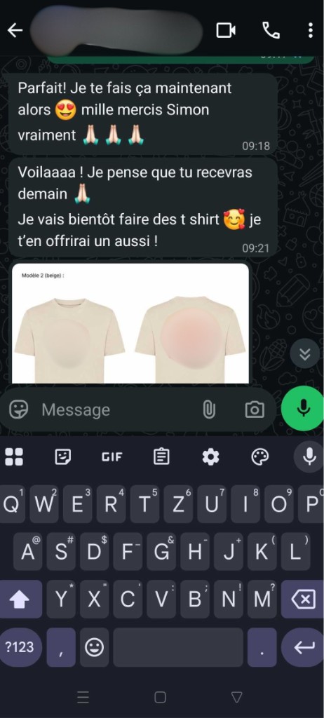 Message WhatsApp d'une cliente satisfaite du résultat