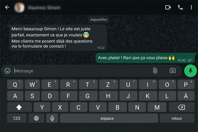 Message WhatsApp d'un client dont le site génère des demandes