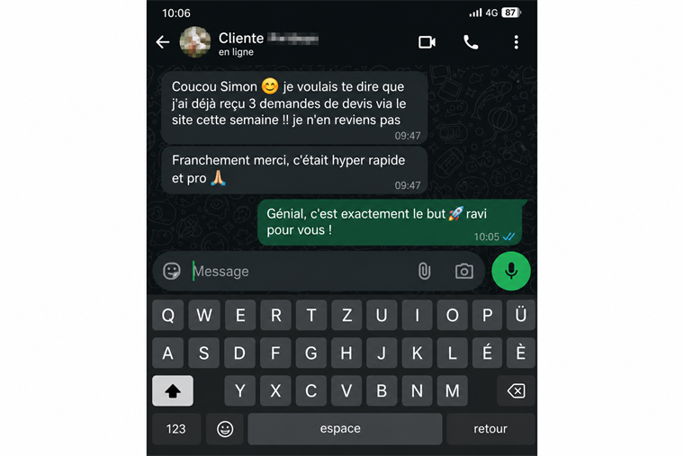 Message WhatsApp d'une cliente qui reçoit des demandes de devis