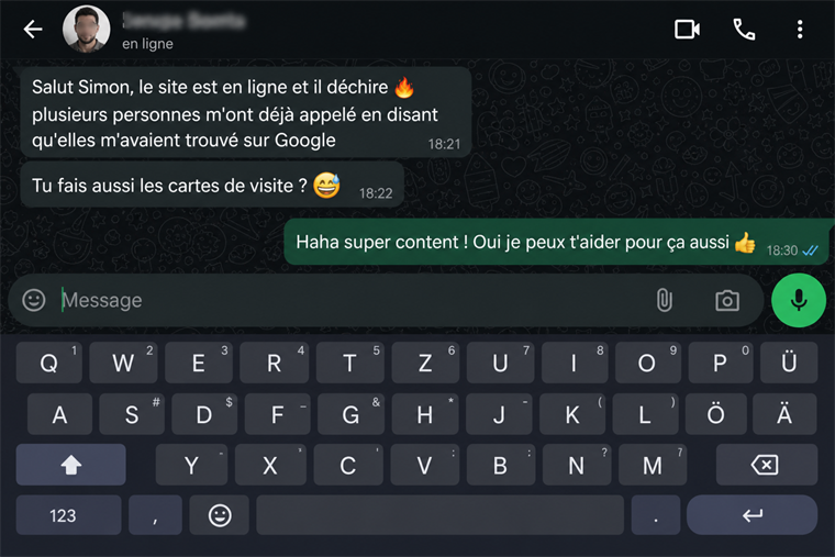 Message WhatsApp d'un client trouvé sur Google grâce à son site