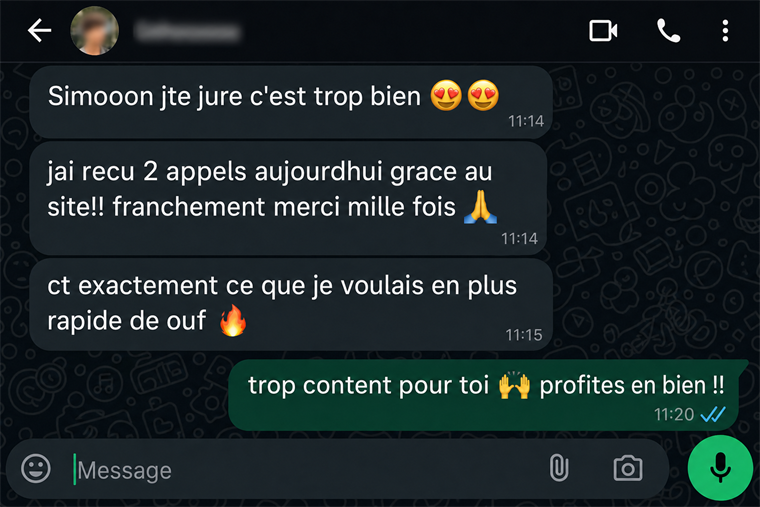Message WhatsApp enthousiaste d'un client qui a reçu des appels grâce à son site