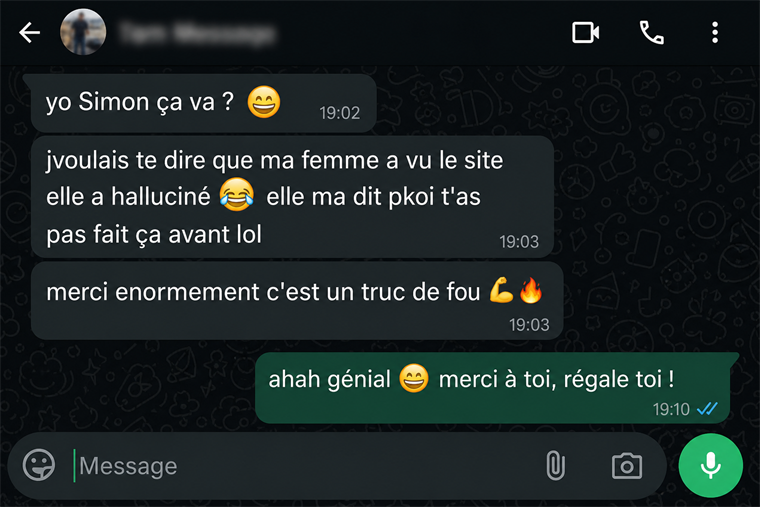 Message WhatsApp d'un client bluffé par son nouveau site